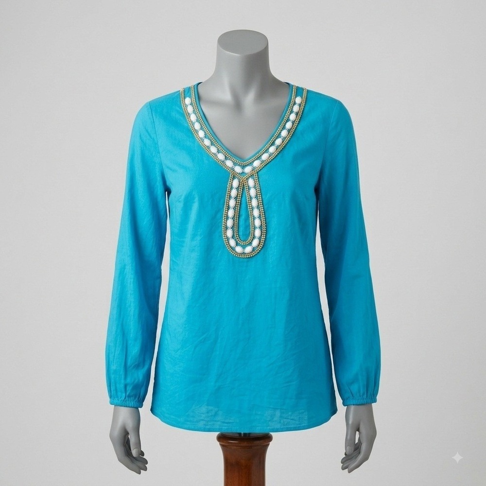 Lilly Pulitzer XS Blue Beaded Neck Tunic Top Long Sleeve Embellished Resortwear